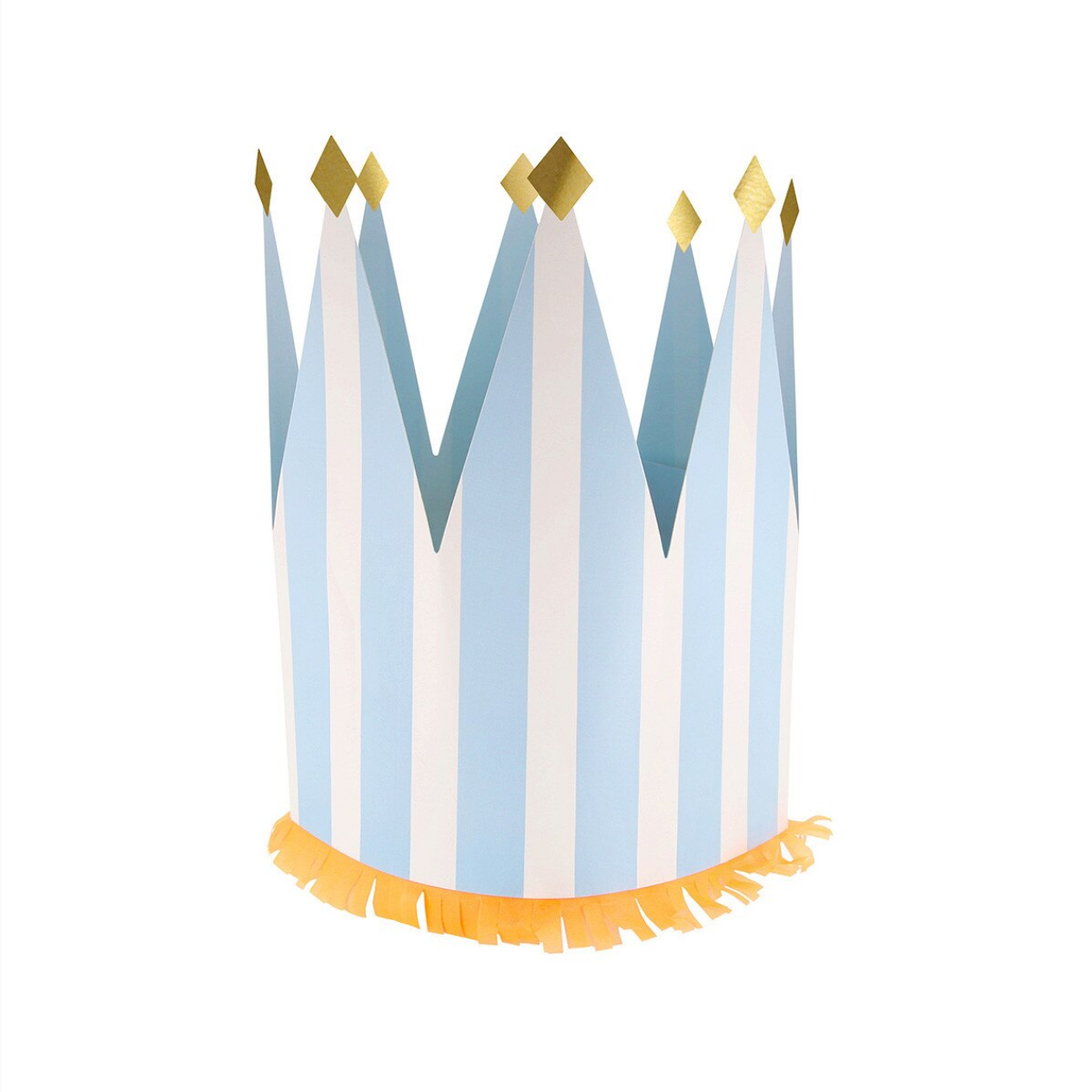 Colorful paper crown with blue, white, and gold accents on a white background