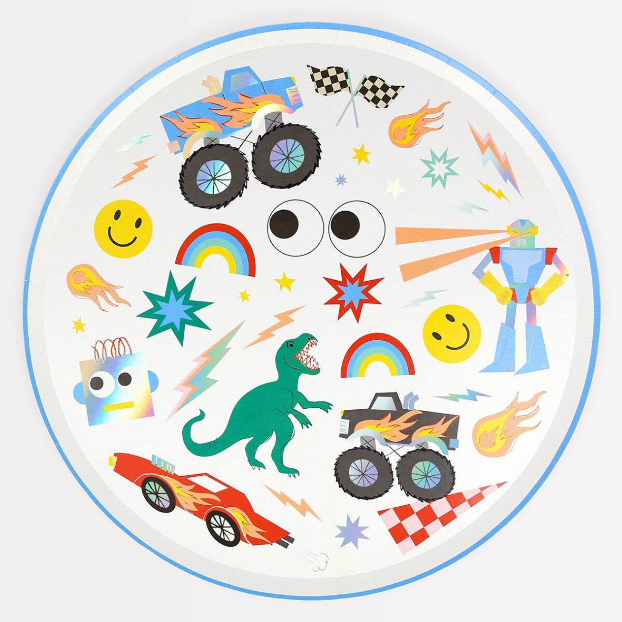 Circular design ed plate with colorful cartoon elements on a white background