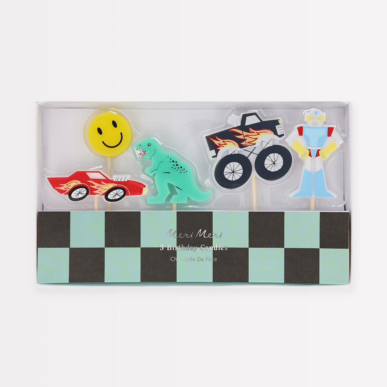 Set of colorful birthday candles in a box with a checkered design