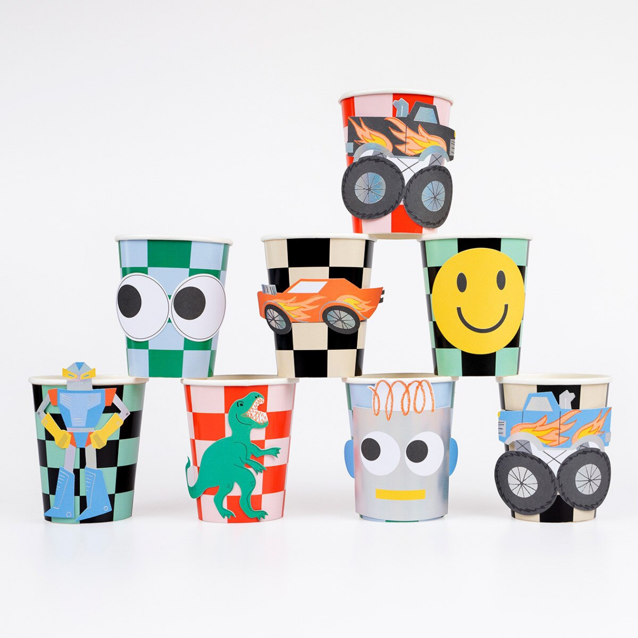 Set of colorful paper cups with various designs on a white background