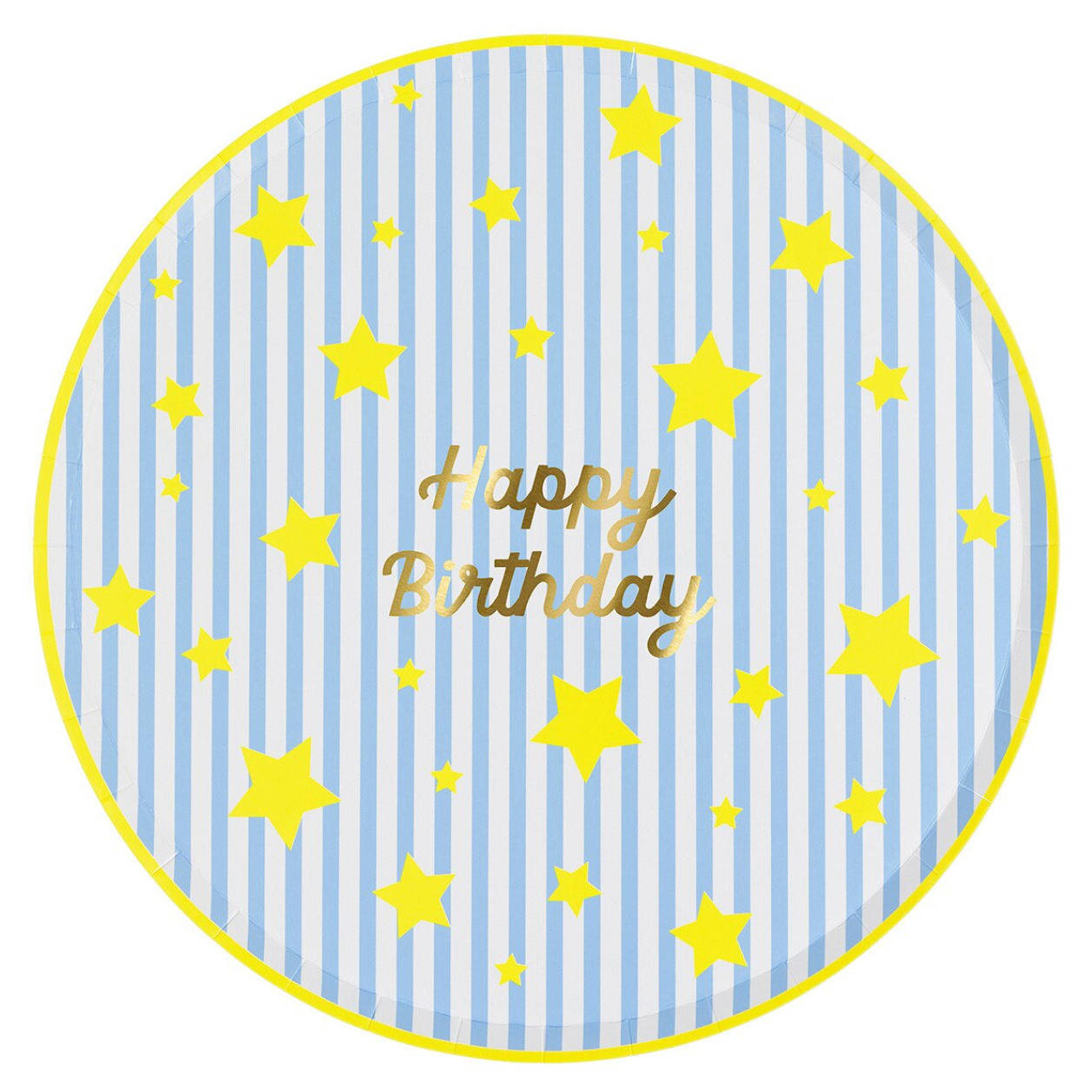 Round blue and white striped cake topper with yellow stars and 'Happy Birthday' text.