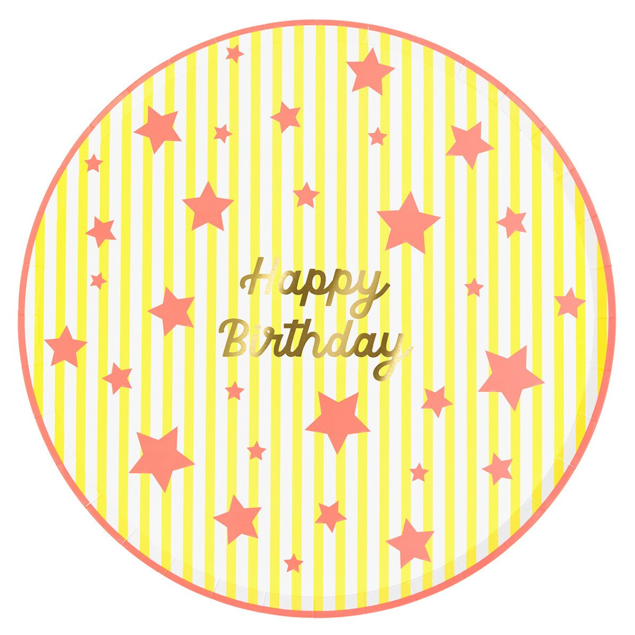 Round card with 'Happy Birthday' text and pink stars on a yellow striped background