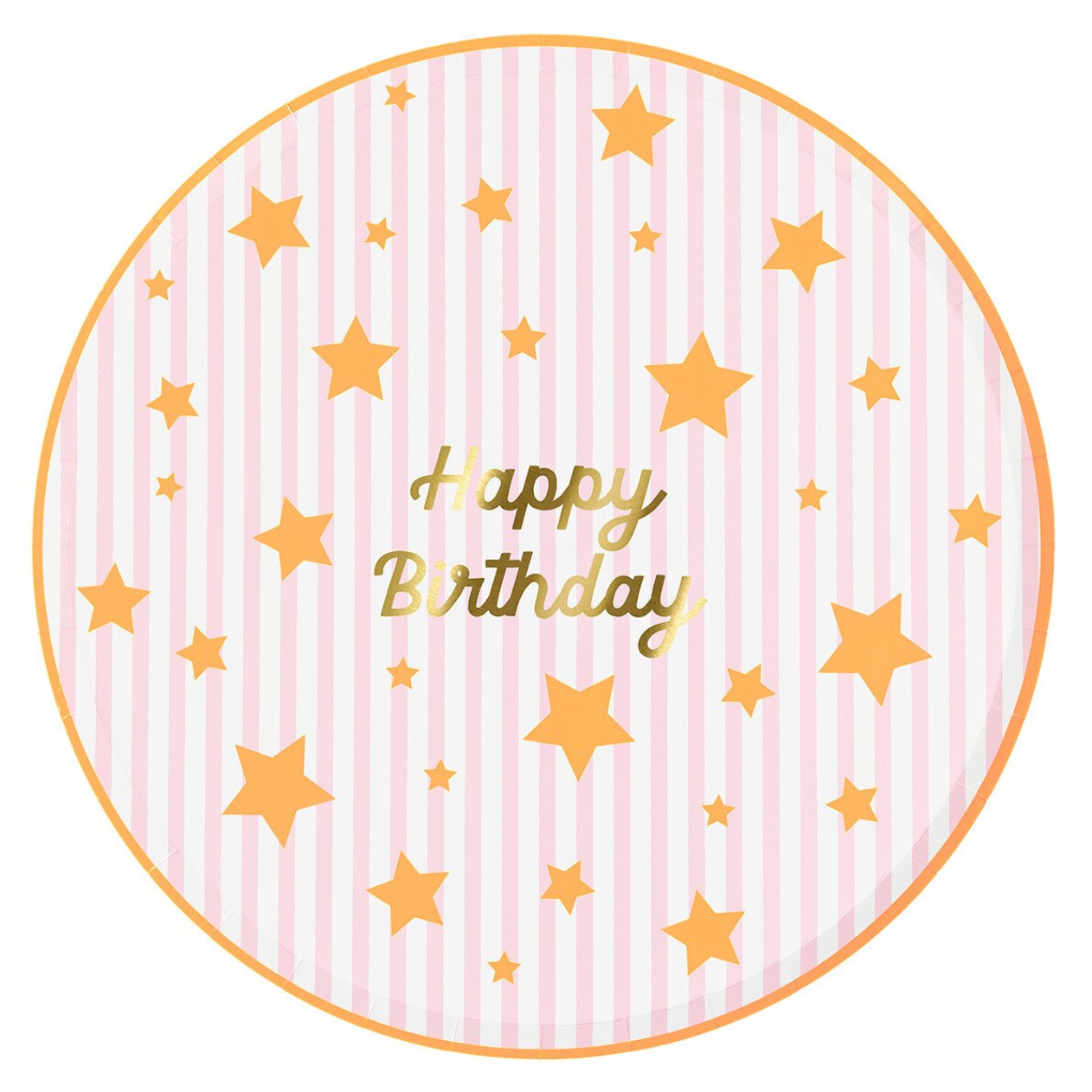 Round pink plate with gold stars and 'Happy Birthday' text on a white background