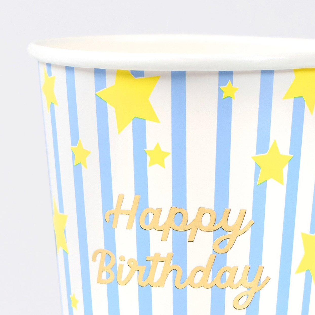Party banner with blue stripes and yellow stars, featuring 'Happy Birthday' text.