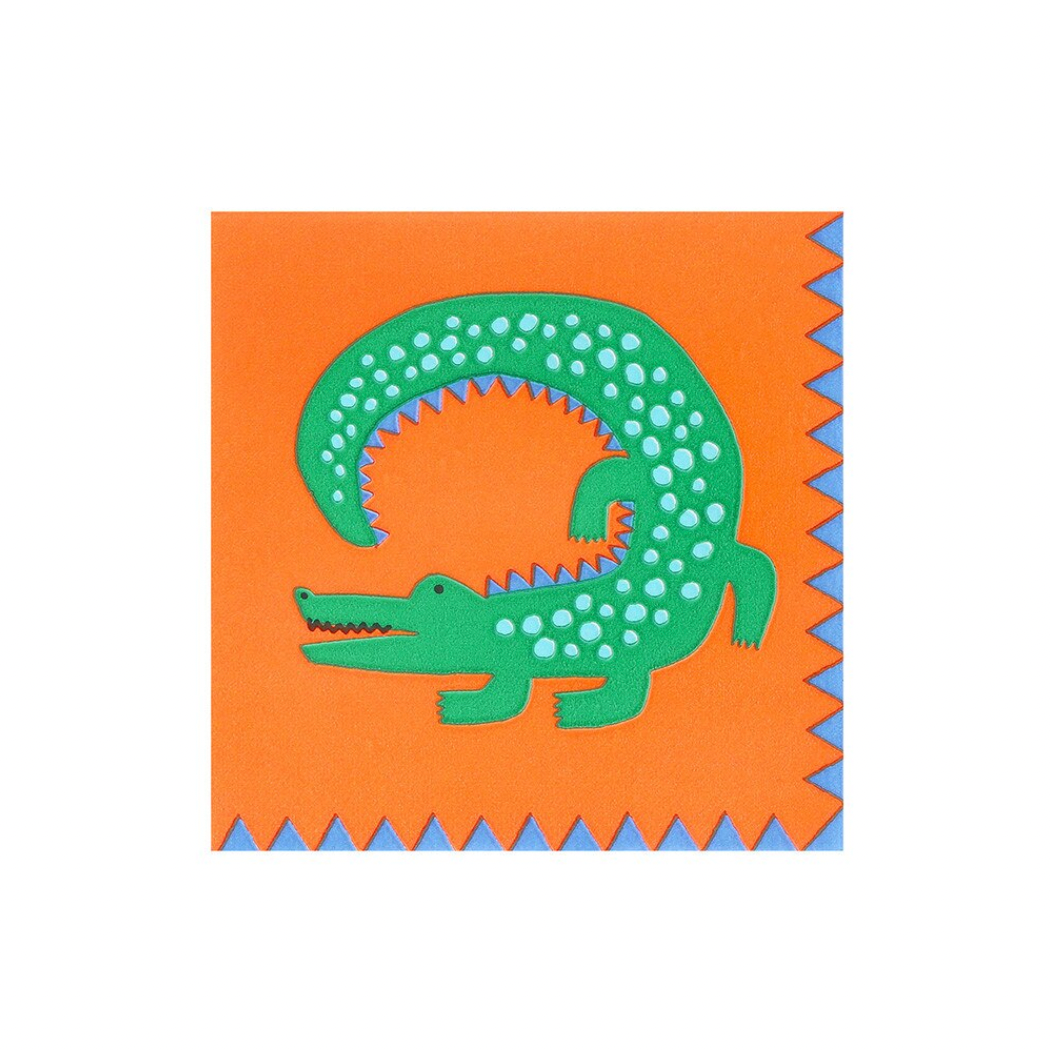 Children's napkin with a green alligator on an orange background