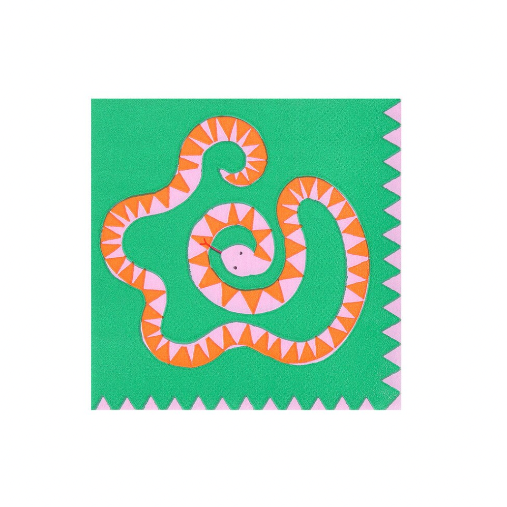 Decorative napkin with a stylized snake design on a green background