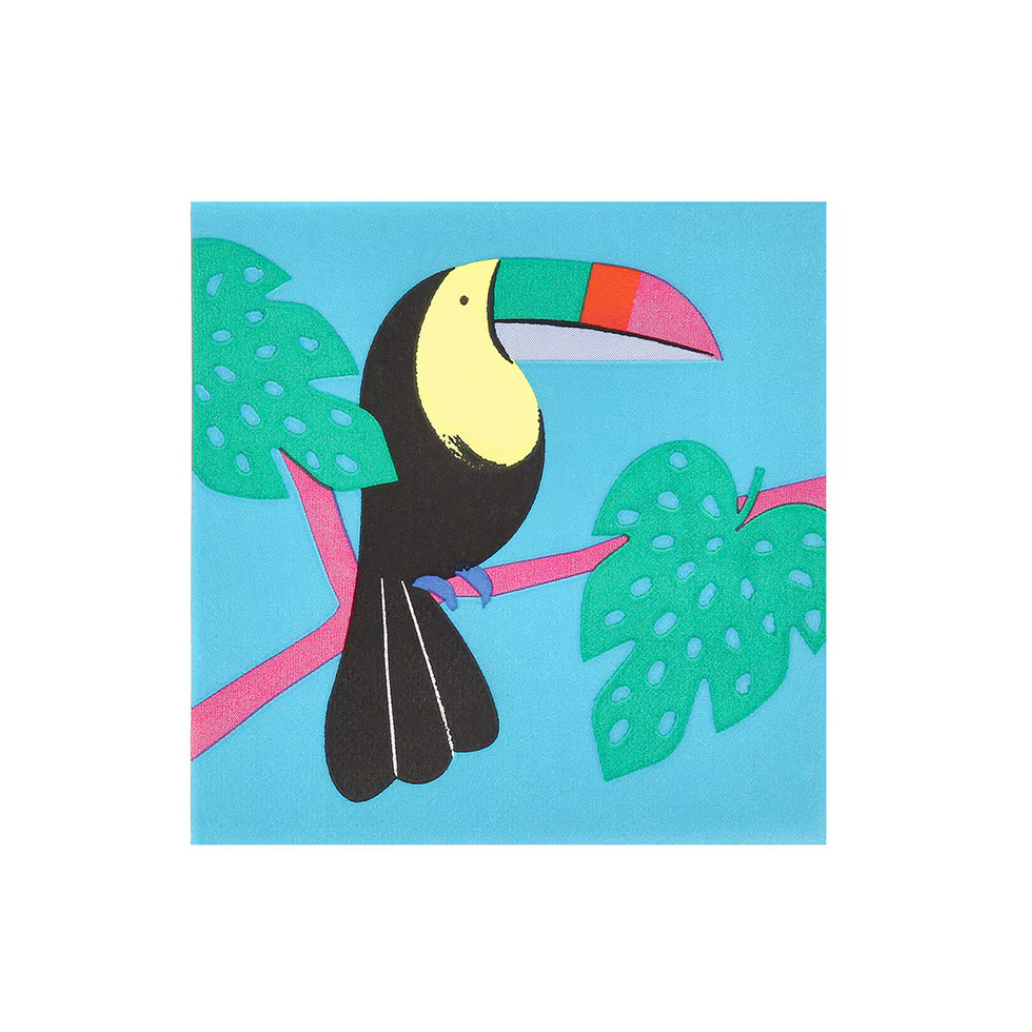 Colorful toucan illustration on a blue background with green leaves.