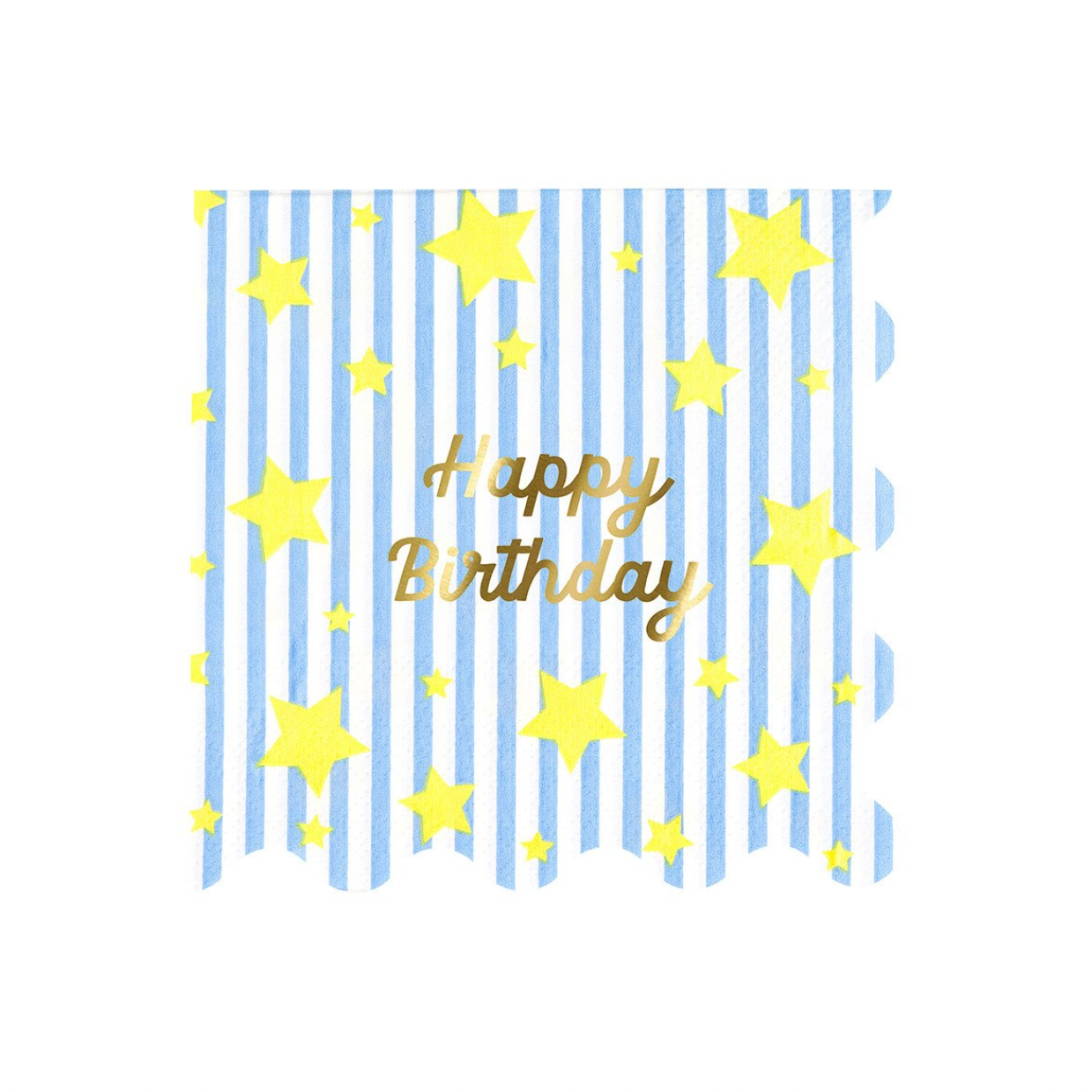Happy Birthday napkin with blue stripes and yellow stars on a white background