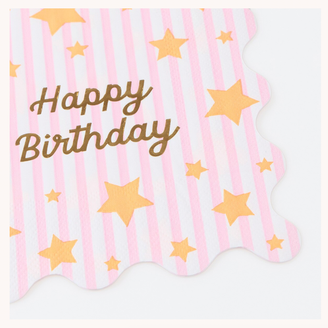 Pink and gold birthday napkin with stars and 'Happy Birthday' text