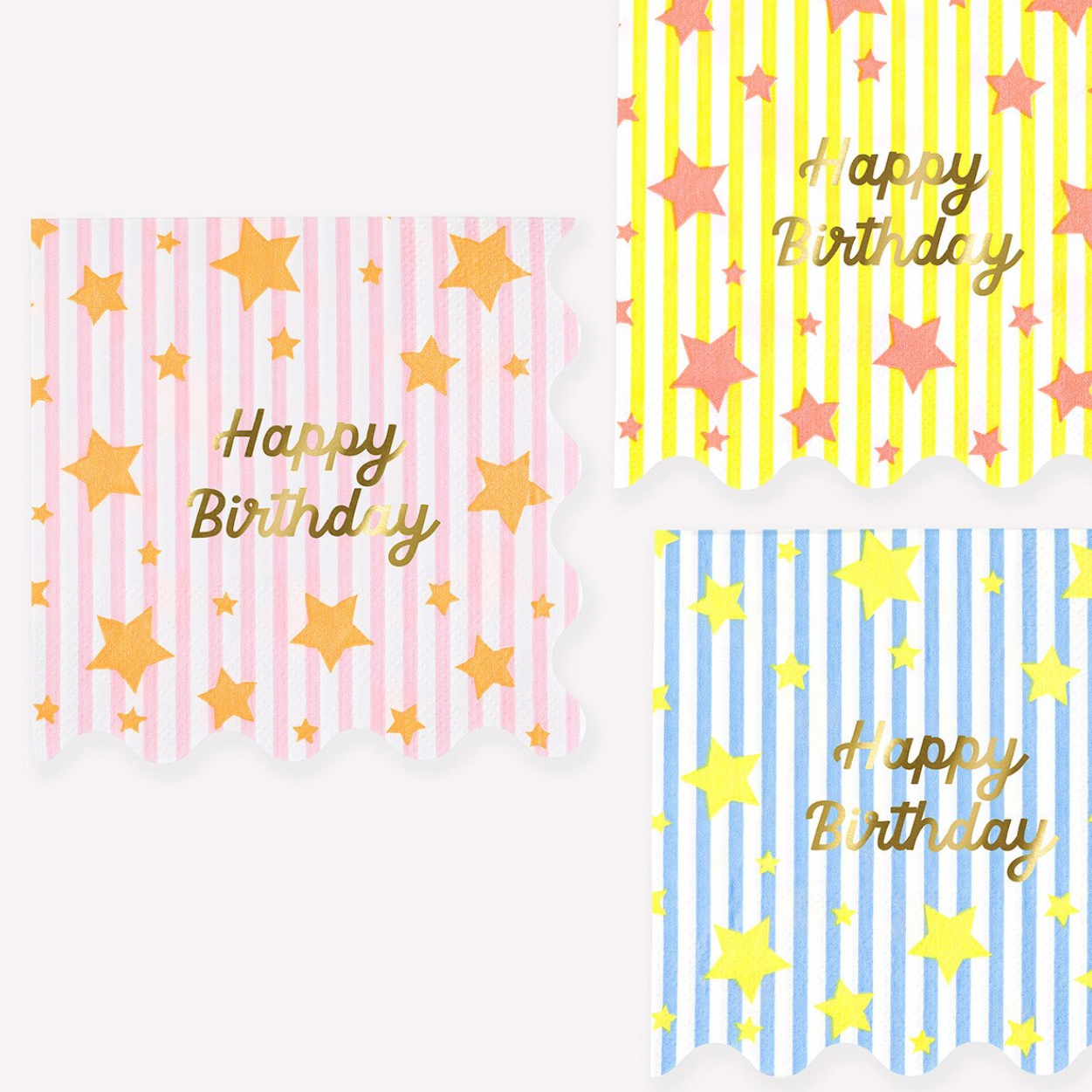 Three colorful paper napkins with 'Happy Birthday' text and star patterns on a white background.