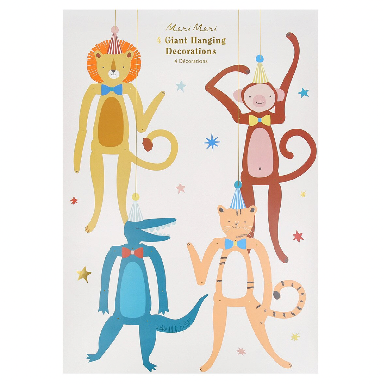 Packaging of giant hanging decorations featuring cartoon animals on a white background.