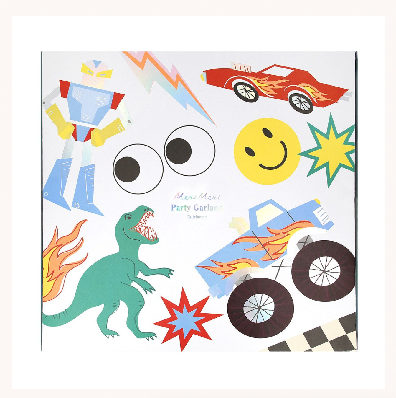 Children's party decoration kit with colorful designs on a white background