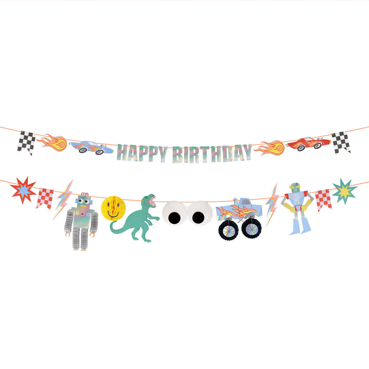 Children's birthday banner with cartoon characters and 'Happy Birthday' text on a white background