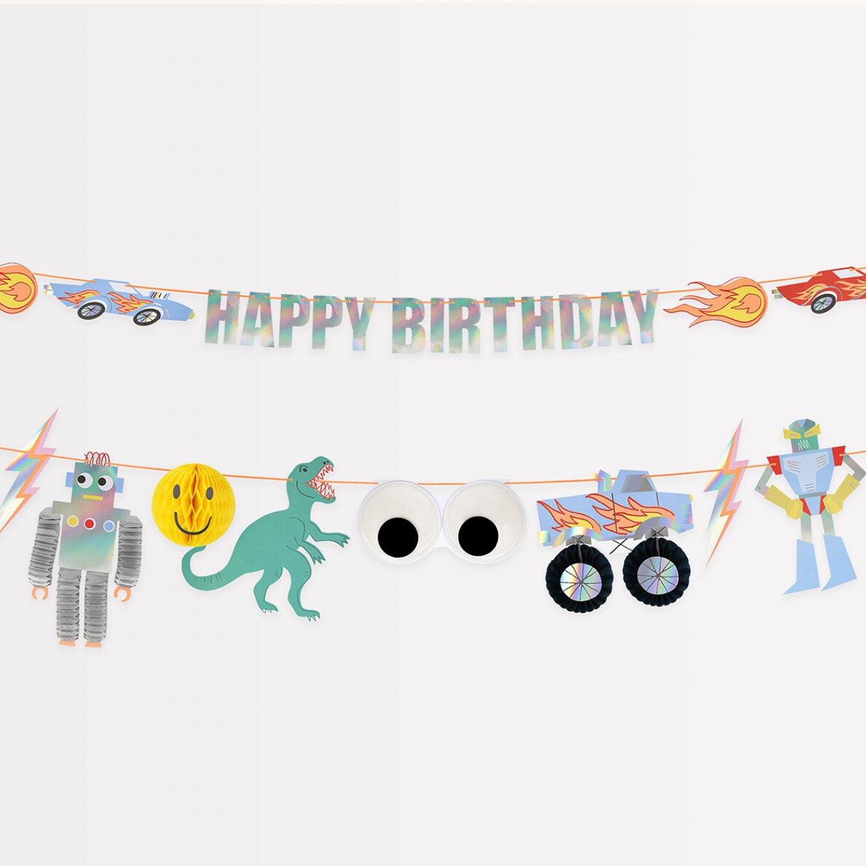 Children's birthday banner with robots, dinosaurs, and cars on a white background