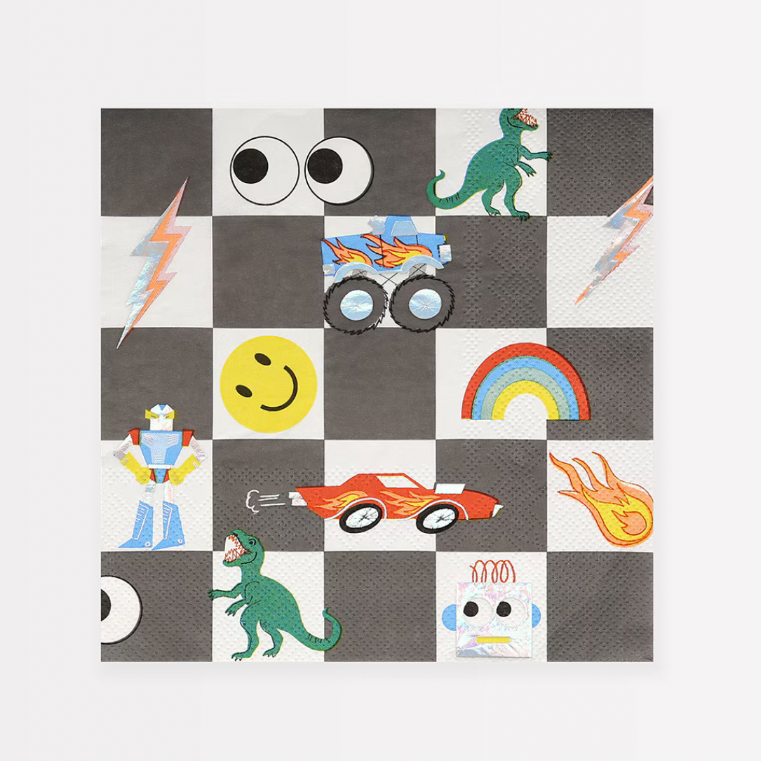 Children's puzzle with various illustrations on a checkered background