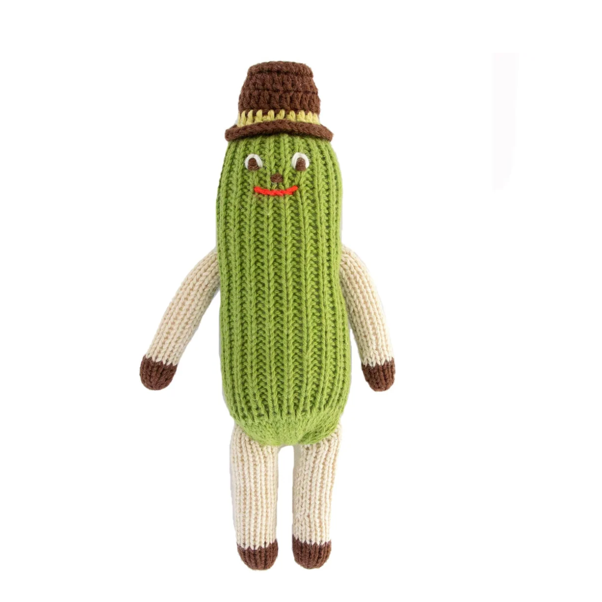 Knitted pickle toy with a brown hat on a white background