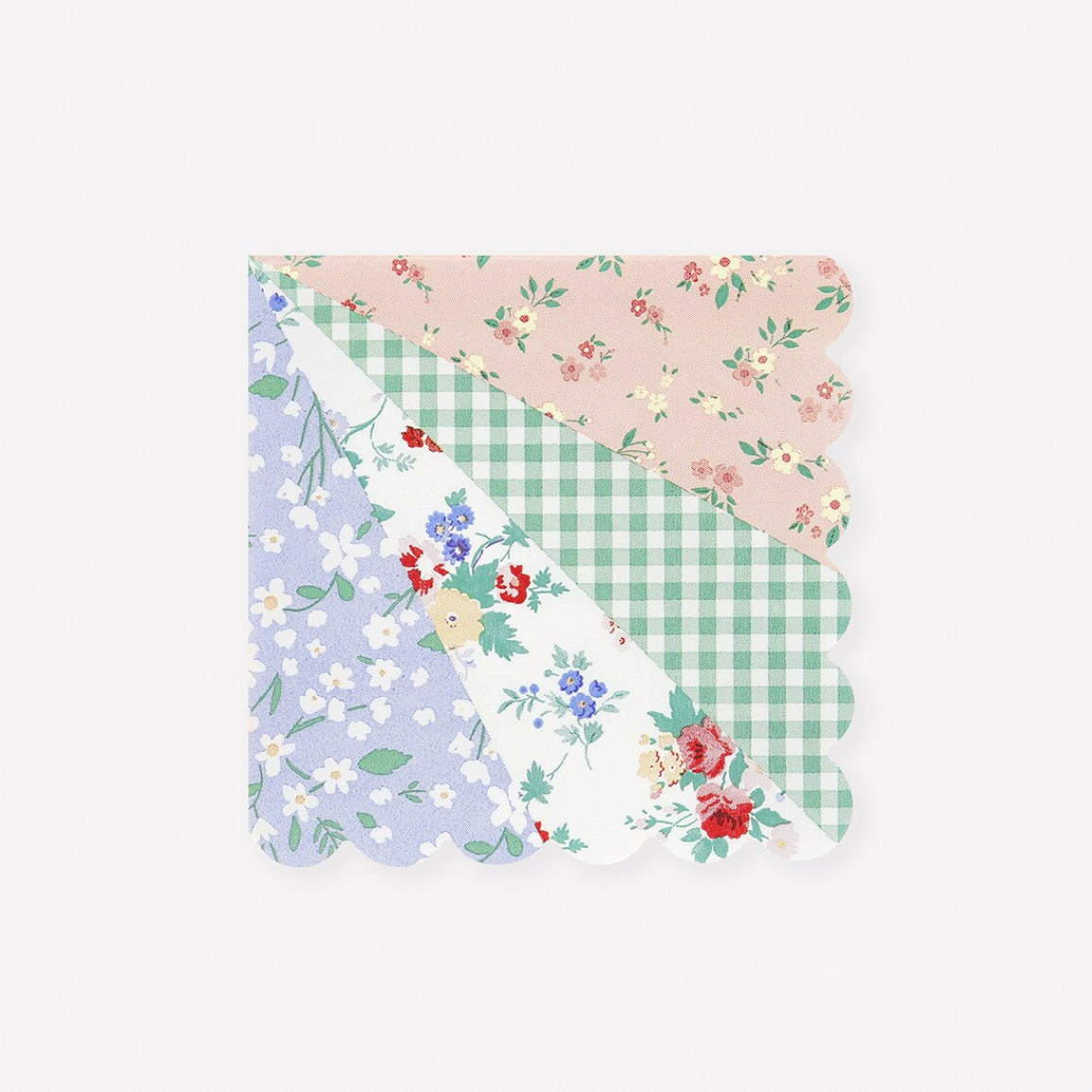 Set of patchwork-style napkins with floral and checkered patterns on a white background.
