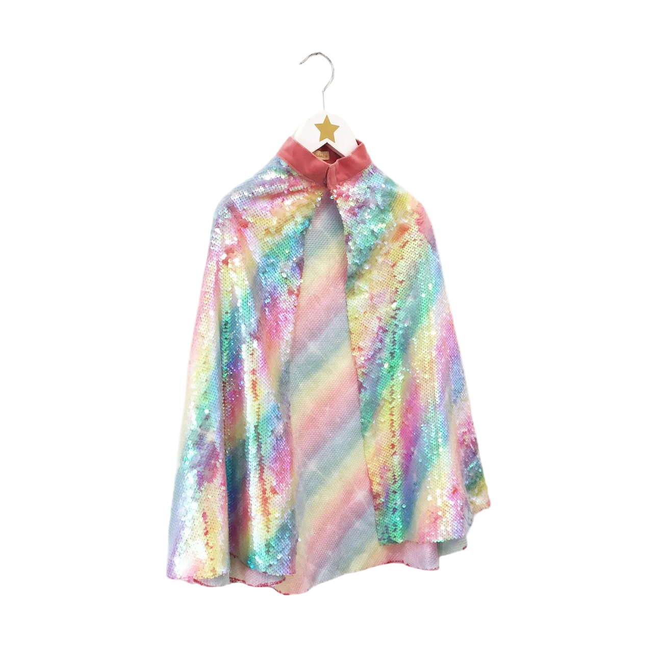 Multicolored sequin cape on a hanger against a white background