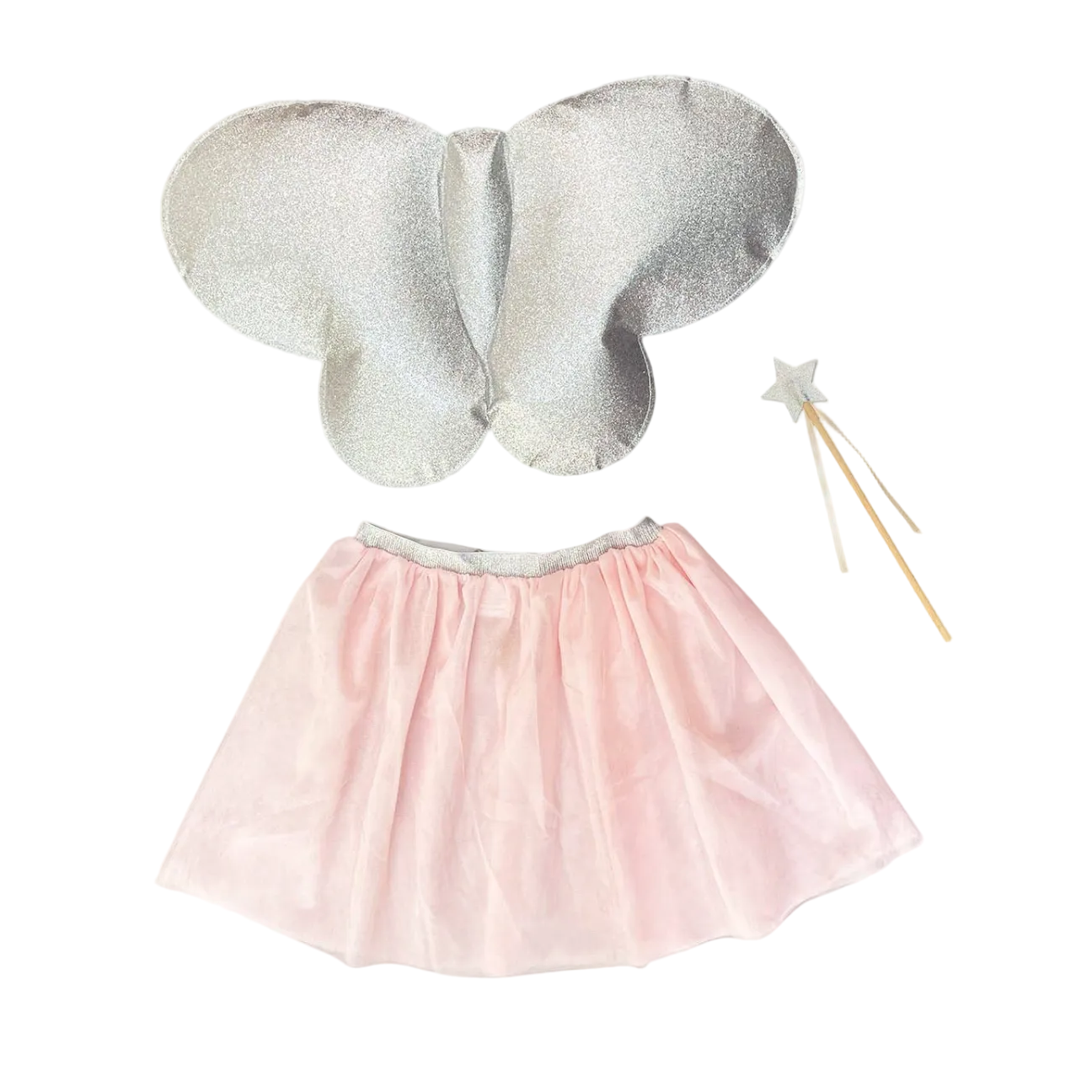 Butterfly costume with pink skirt and white wings on a white background