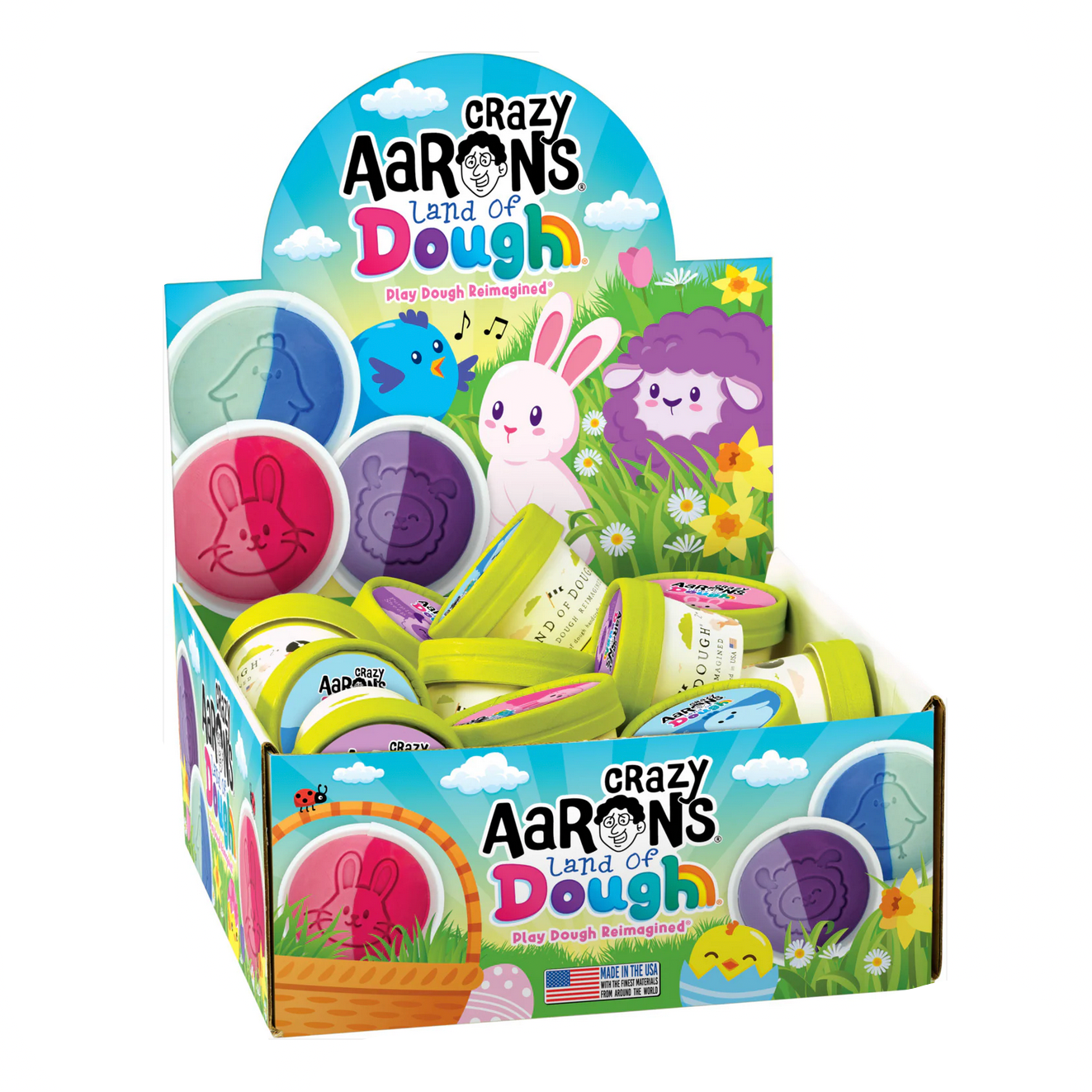 Crazy Aaron's Land of Dough packaging with colorful dough balls and branding on a white background