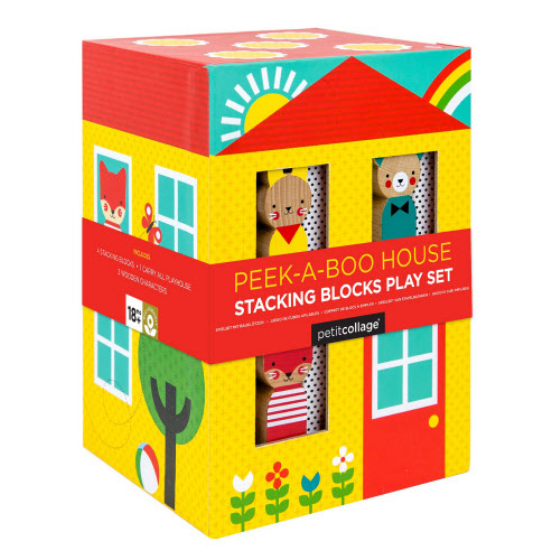 Box of Peek-a-Boo House Stacking Blocks Play Set by Petit Collage on a white background