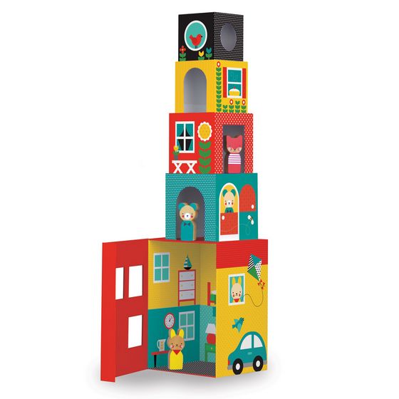 Stack of colorful children's building blocks with various designs on a white background