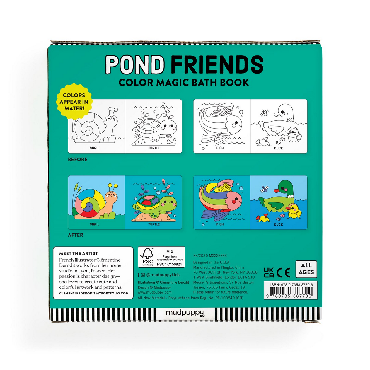 Back cover of a 'Pond Friends' color magic bath book by Mudpuppy with illustrations and text.