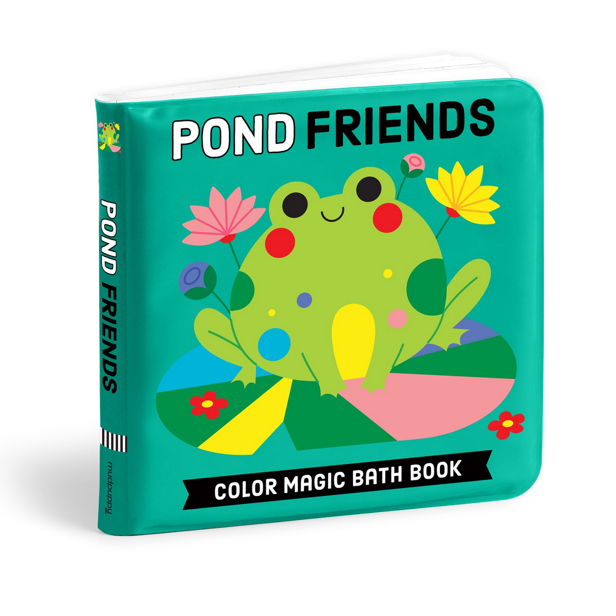 Colorful bath book titled 'Pond Friends' with a frog illustration on a green background.