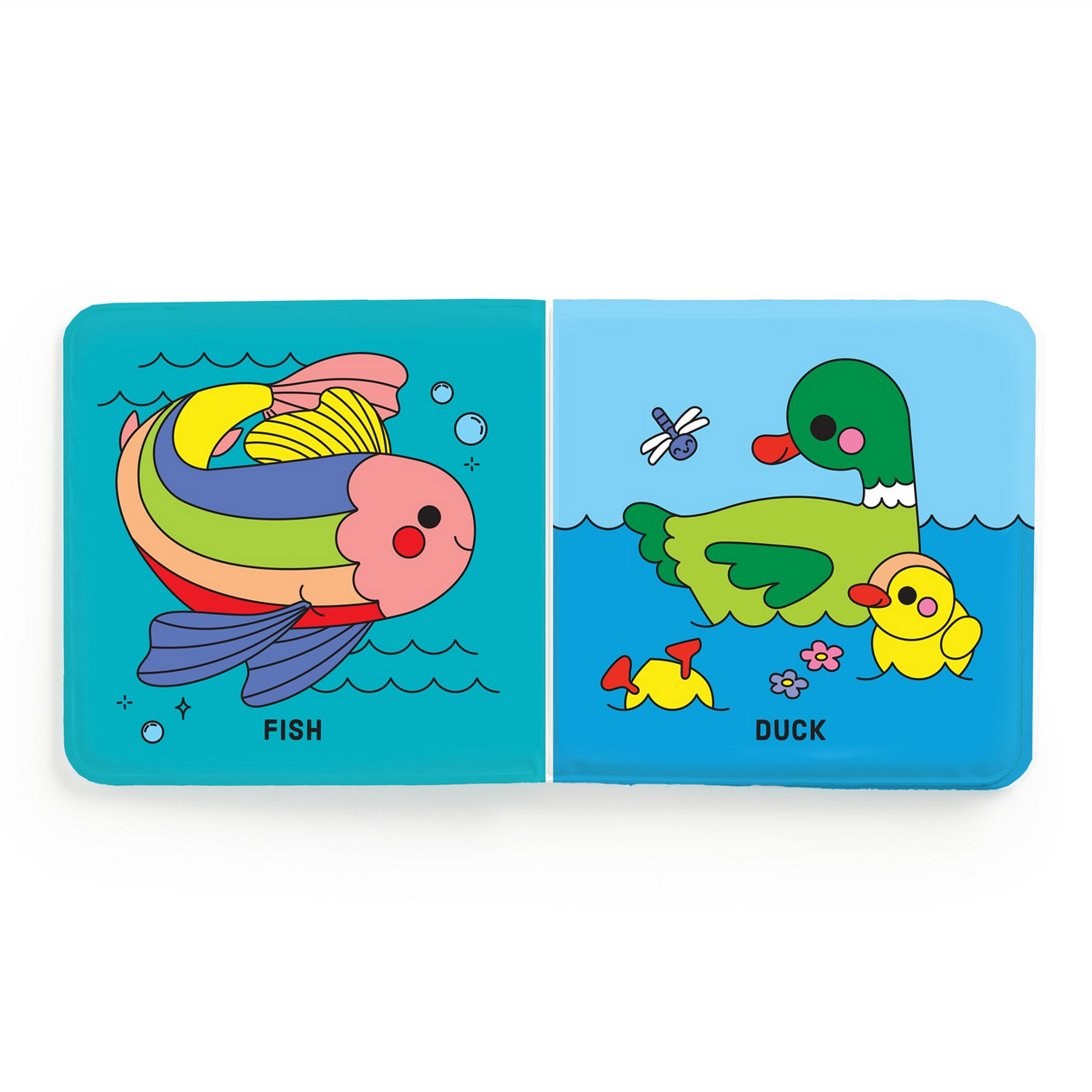 Children's book with illustrations of a fish and a duck on two facing pages.