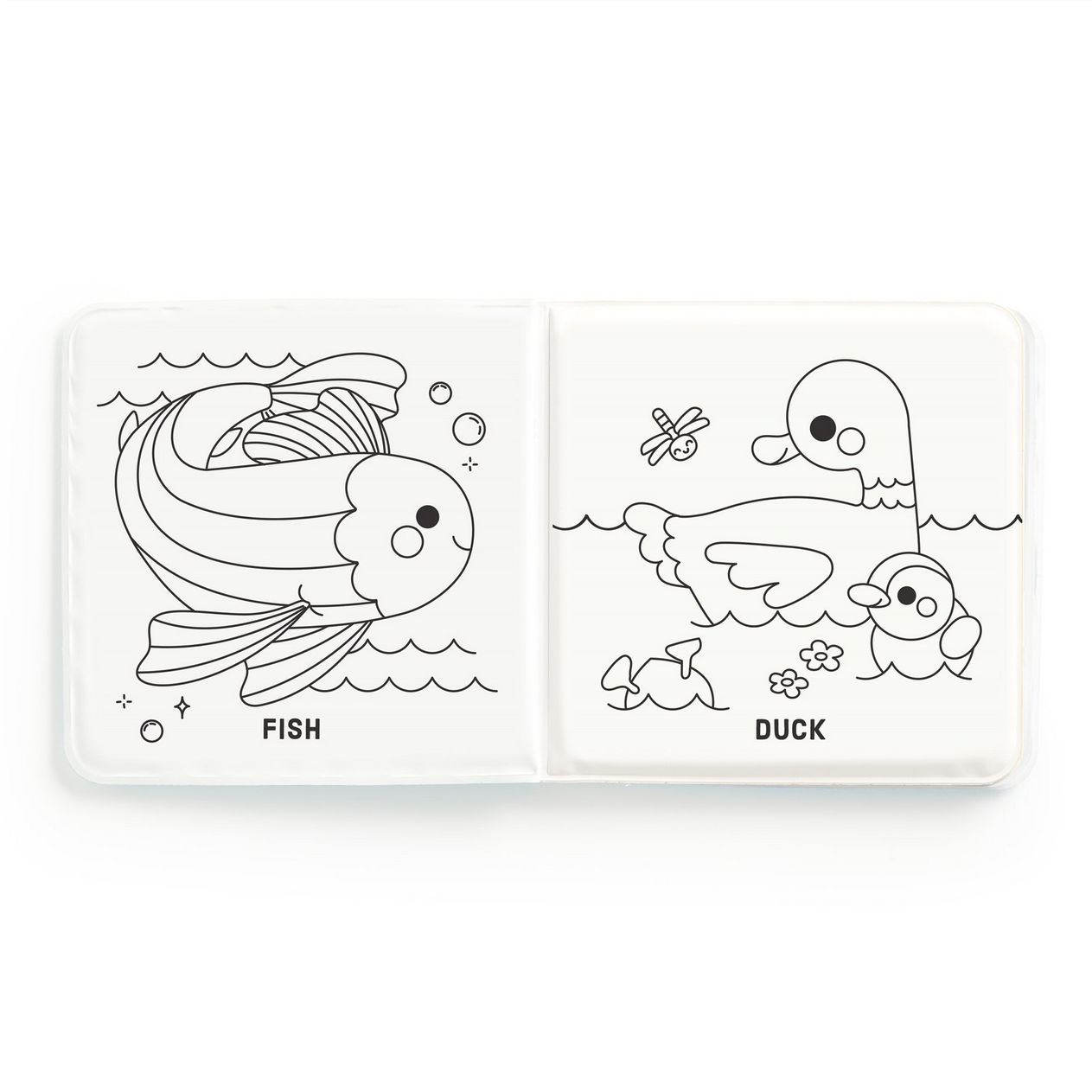 Coloring book open to pages with a fish and a duck illustration on a white background