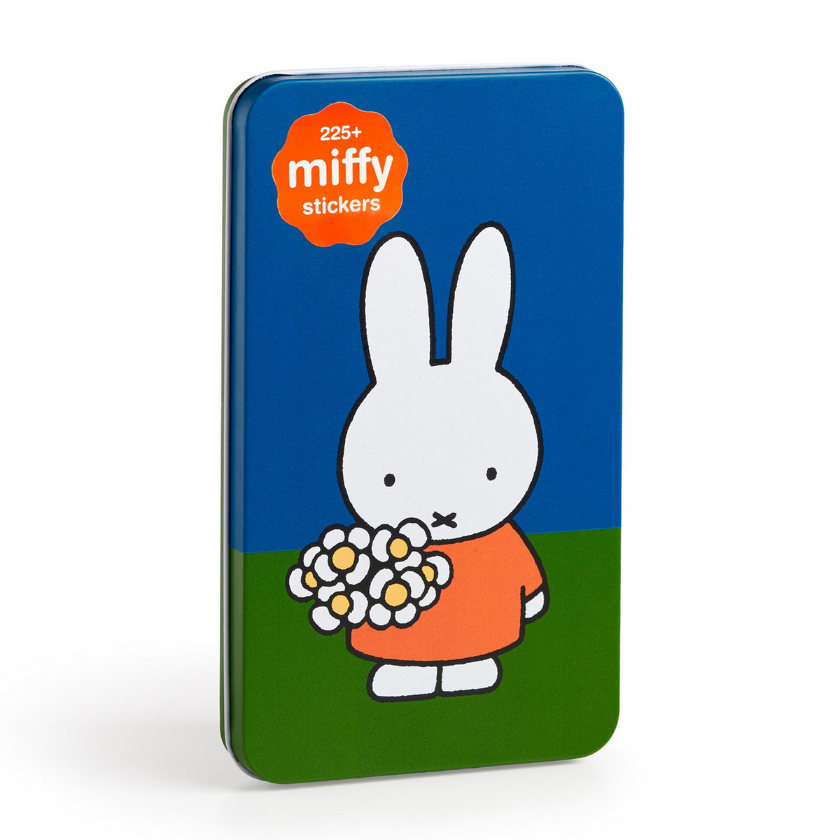 Tin with Miffy character holding flowers on a blue and green background