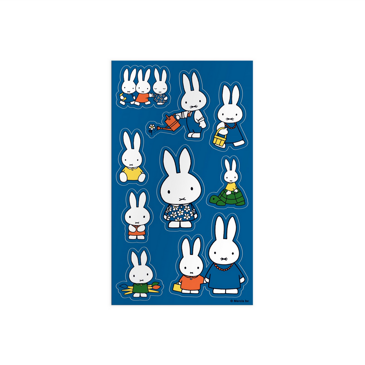 Sticker sheet with cartoon rabbits on a blue background