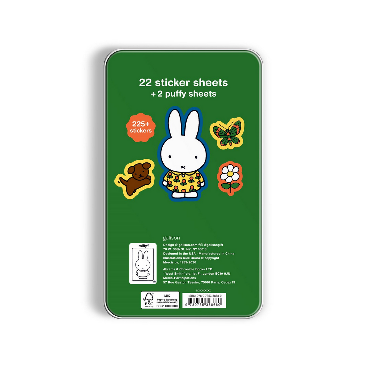 Green packaging of a sticker set with cartoon character and illustrations on a white background