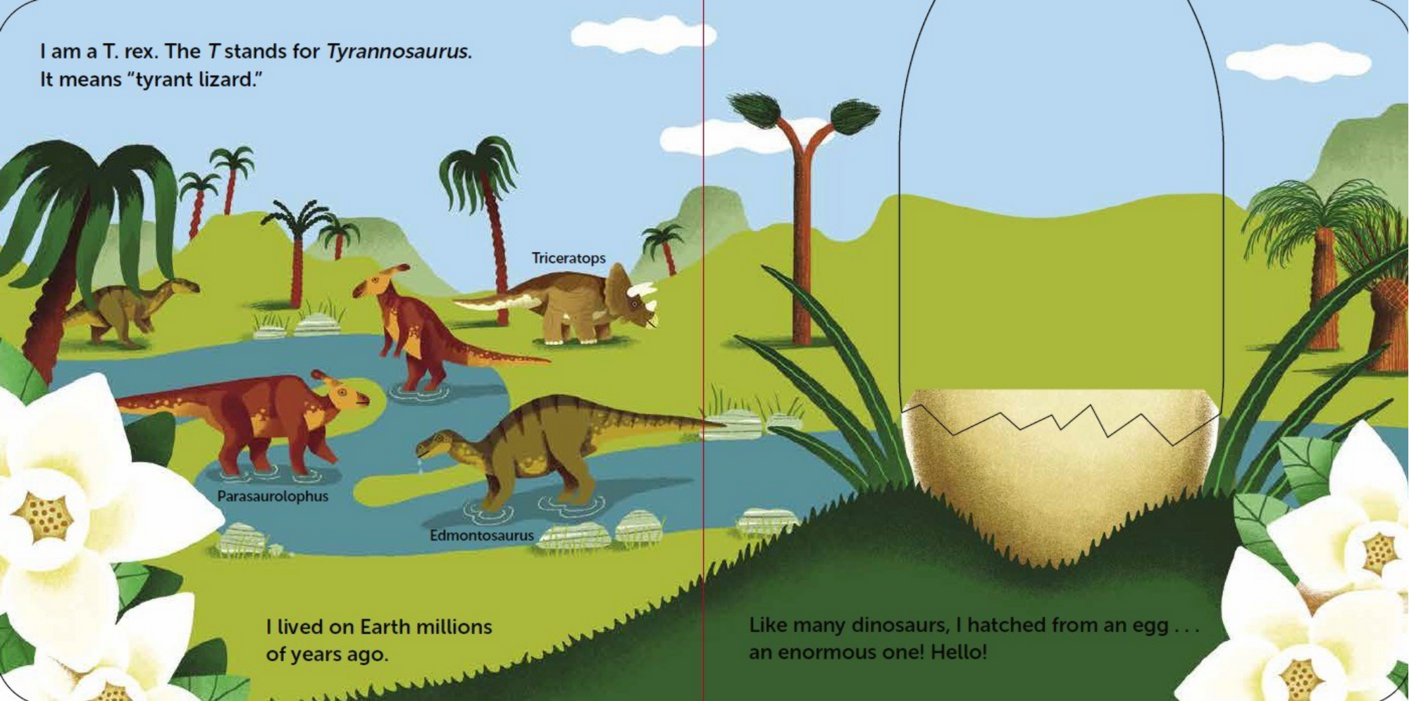 Illustrated book page about dinosaurs with a prehistoric landscape and text.