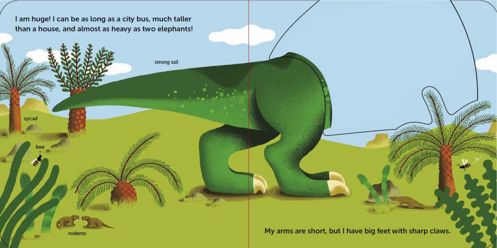 Illustration of a dinosaur in a natural setting with text describing its size and features.
