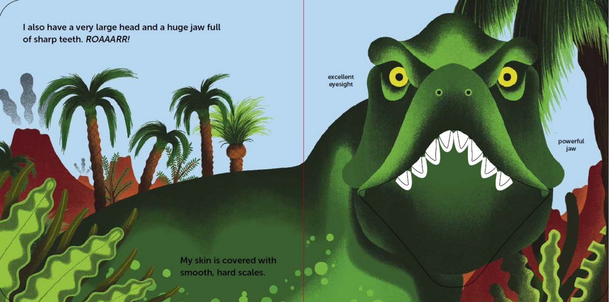 Illustration of a dinosaur with text about its features, set against a desert landscape.