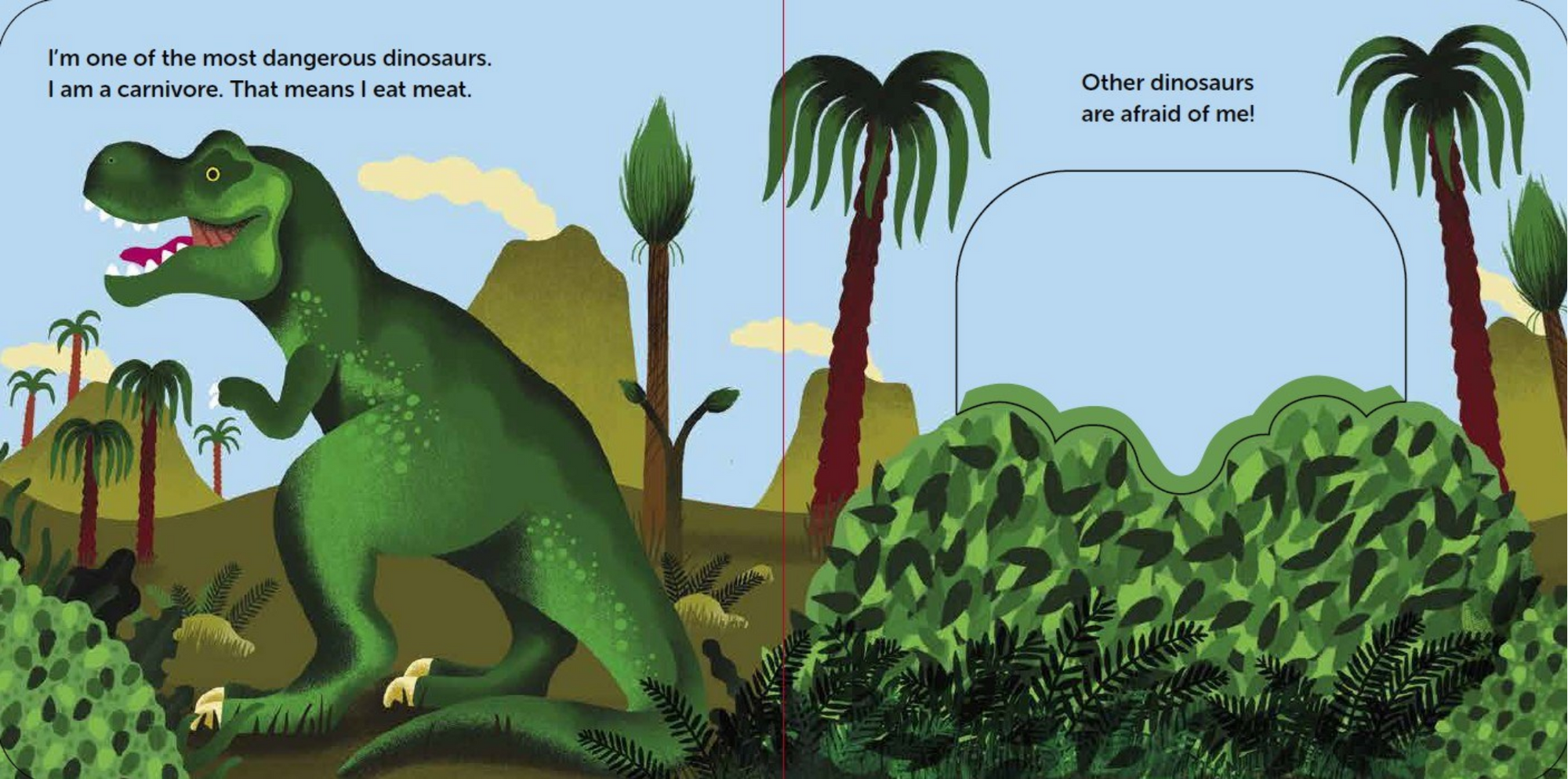 Illustration of a green dinosaur in a prehistoric landscape with palm trees and mountains.