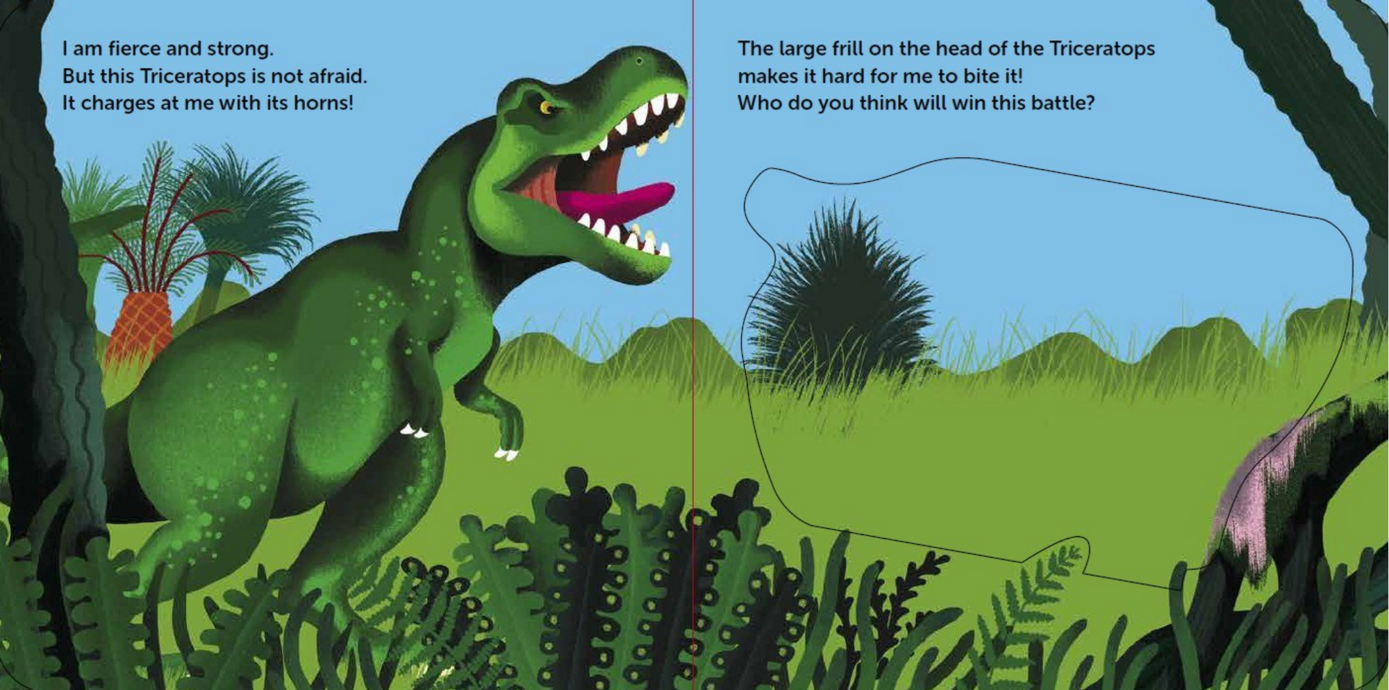 Illustration of a T-Rex and Triceratops in a prehistoric setting with text.