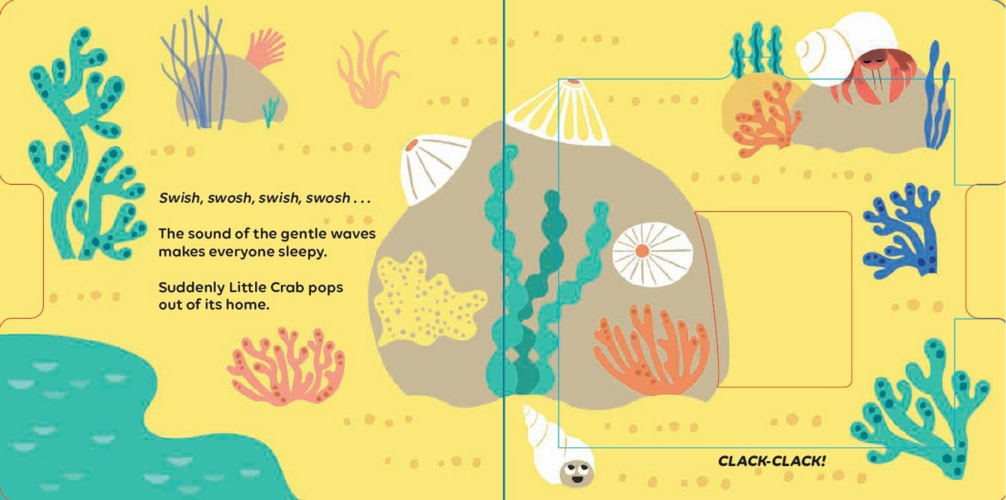 Illustrated book page with a crab and ocean elements on a yellow background
