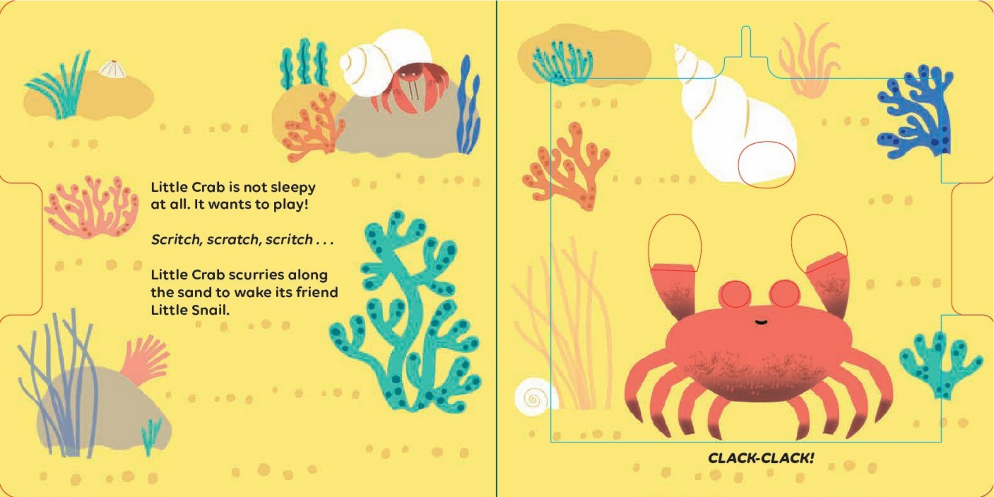Illustrated book pages with a crab and snail on a yellow background