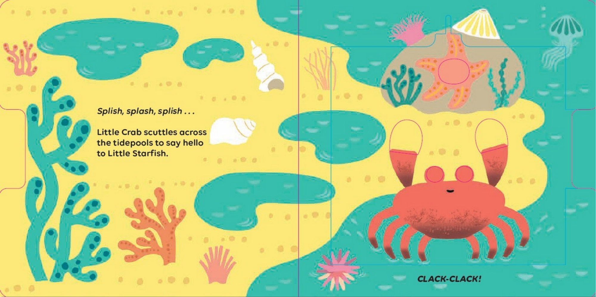 Illustration of a crab and starfish in an underwater scene with text and sound effects.