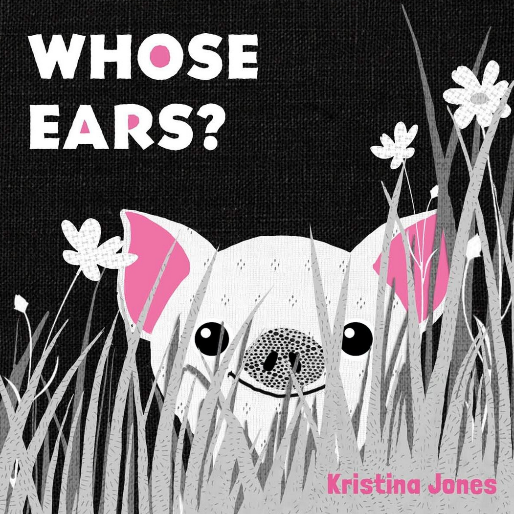 Book cover of 'Whose Ears?' with a pig illustration and flowers.