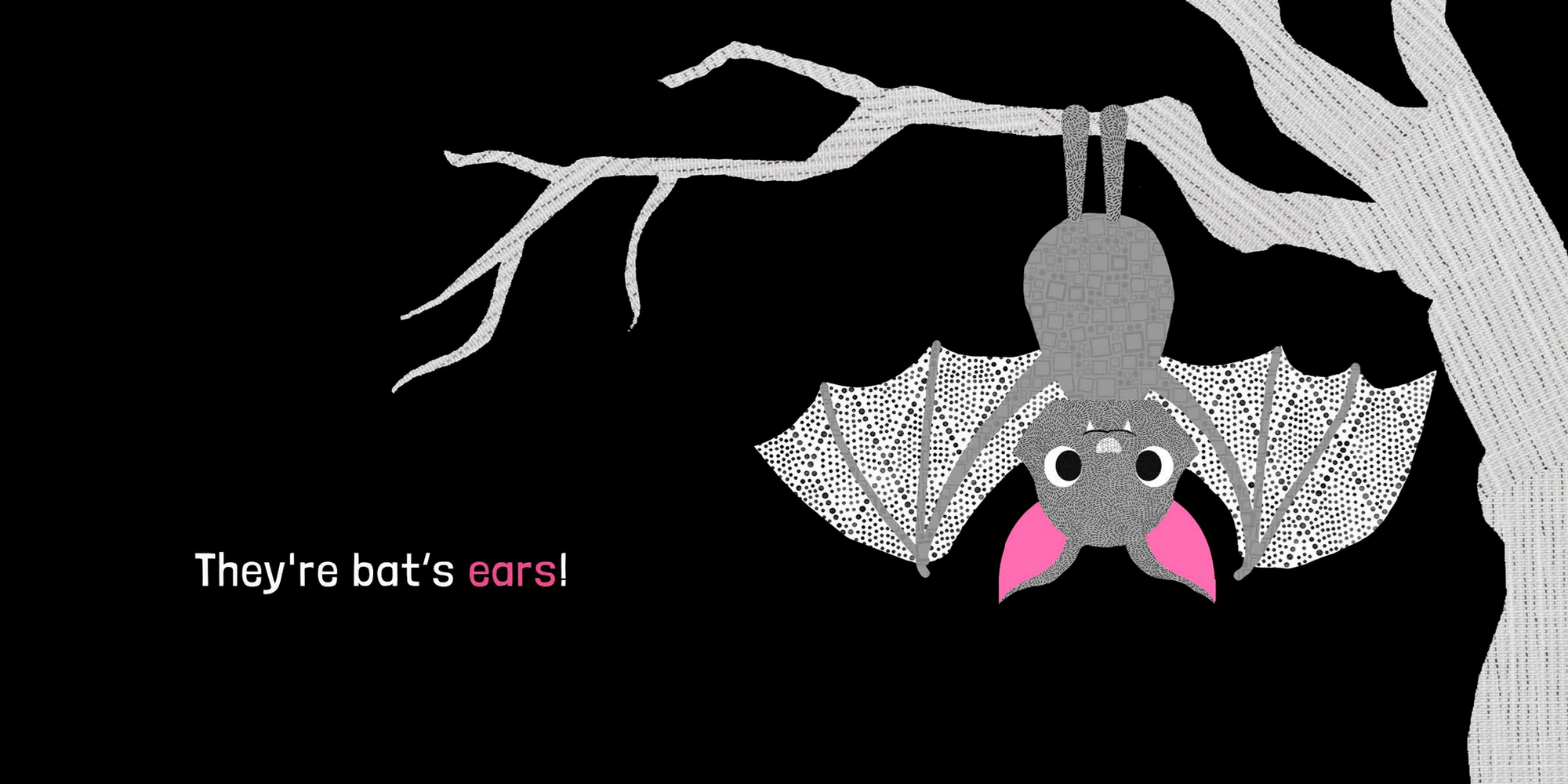 Illustration of a bat with bat-like ears hanging from a branch on a black background.