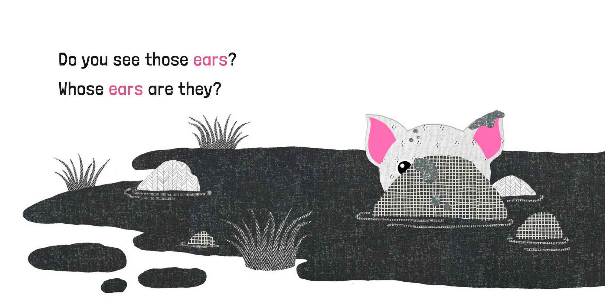 Illustration of a fox peeking out from behind rocks with text asking about whose ears they are.