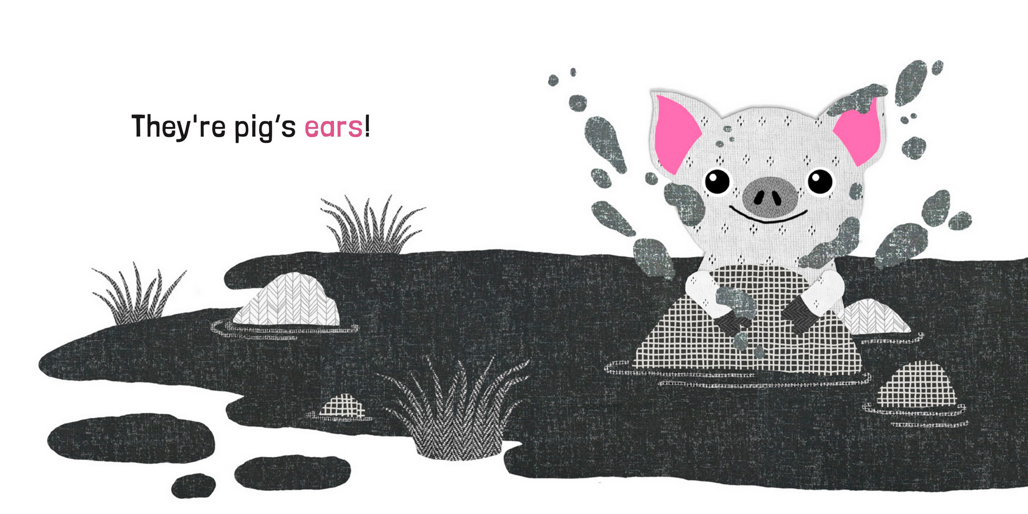 Illustration of a cartoon pig with pig-like ears in a pond.