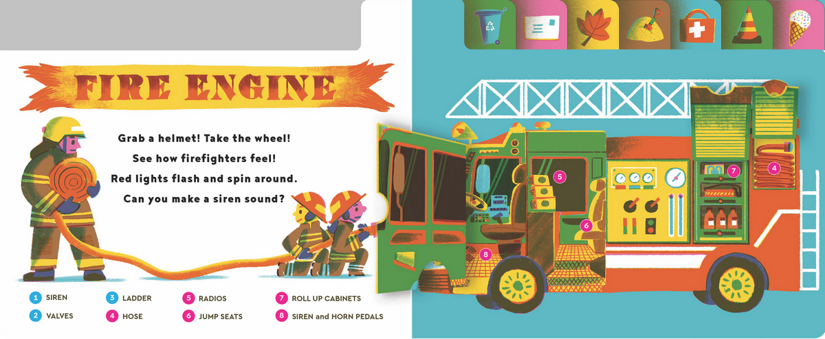 Children's book page about a fire engine with illustrations and text.