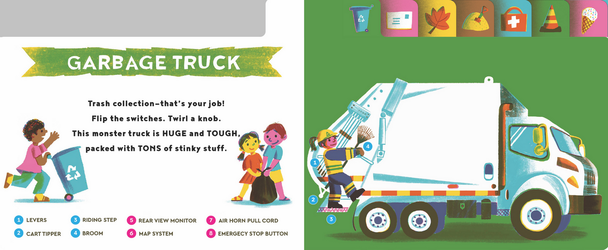 Illustrated book page with a garbage truck and children interacting with it, on a green background.