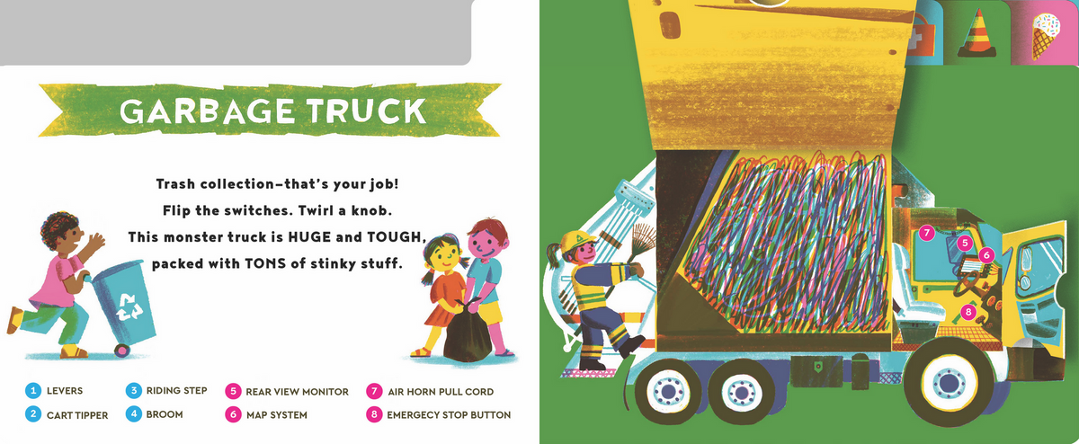 Illustration of a garbage truck with colorful trash inside, on a green background.
