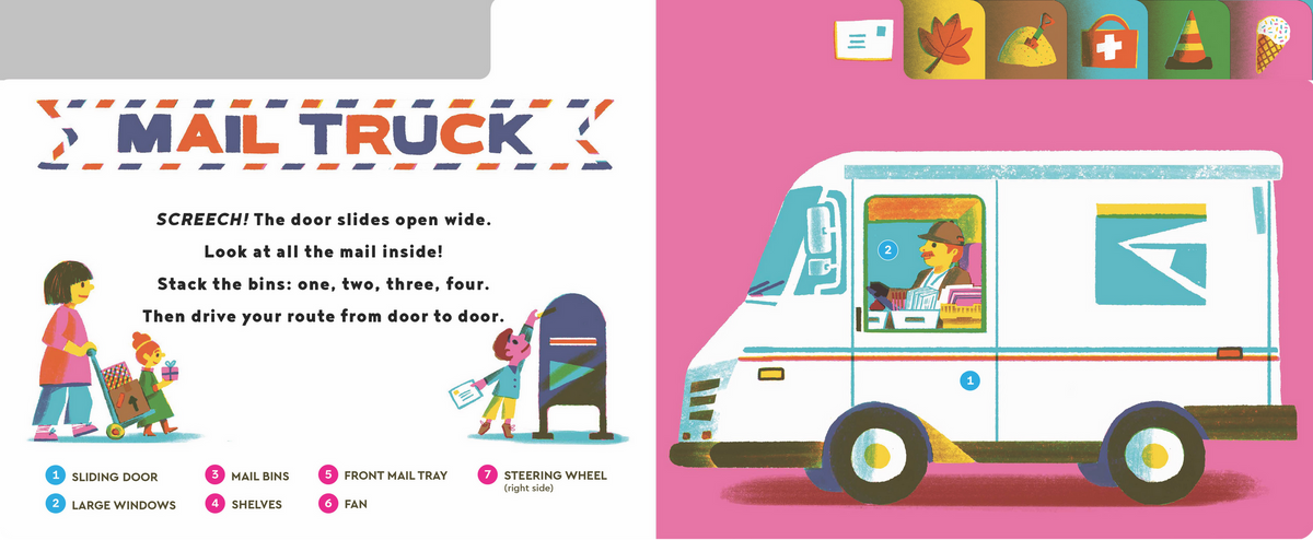 Children's book cover with a mail truck illustration and text.