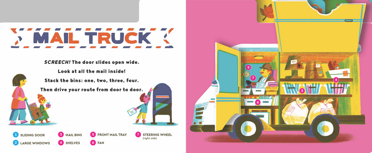 Illustrated mail truck with children's activities on a pink background